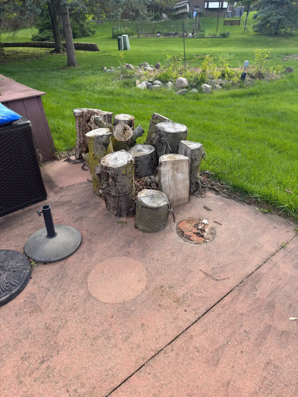 Heavy cut tree trunk sections and large wood pieces on a backyard patio before removal in Farmington, Michigan