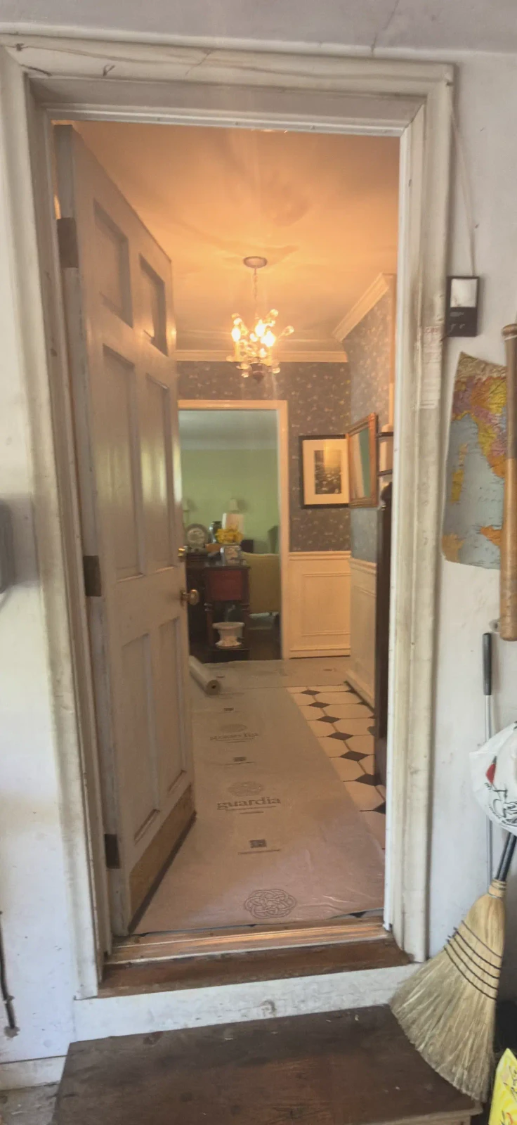 Protected debris removal path during bathroom demolition