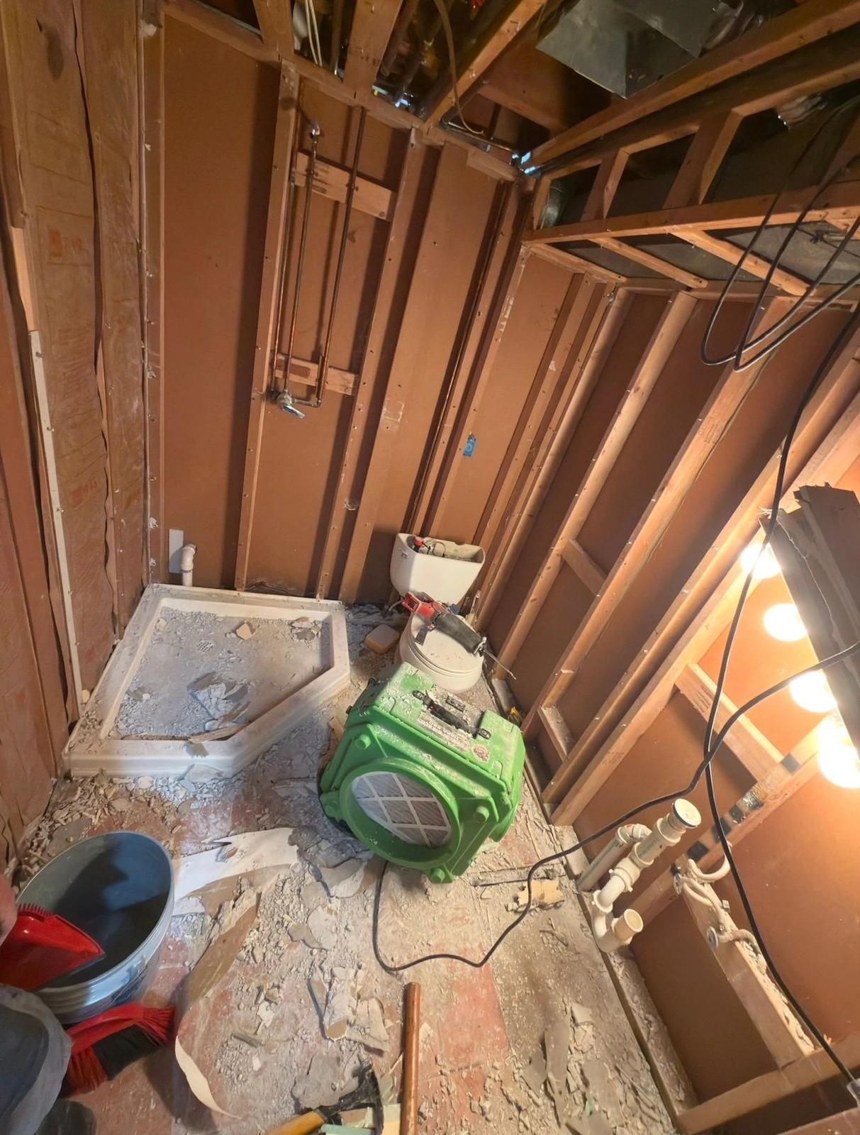 Basement bathroom stripped to framing after demolition in Grosse Pointe Woods Michigan