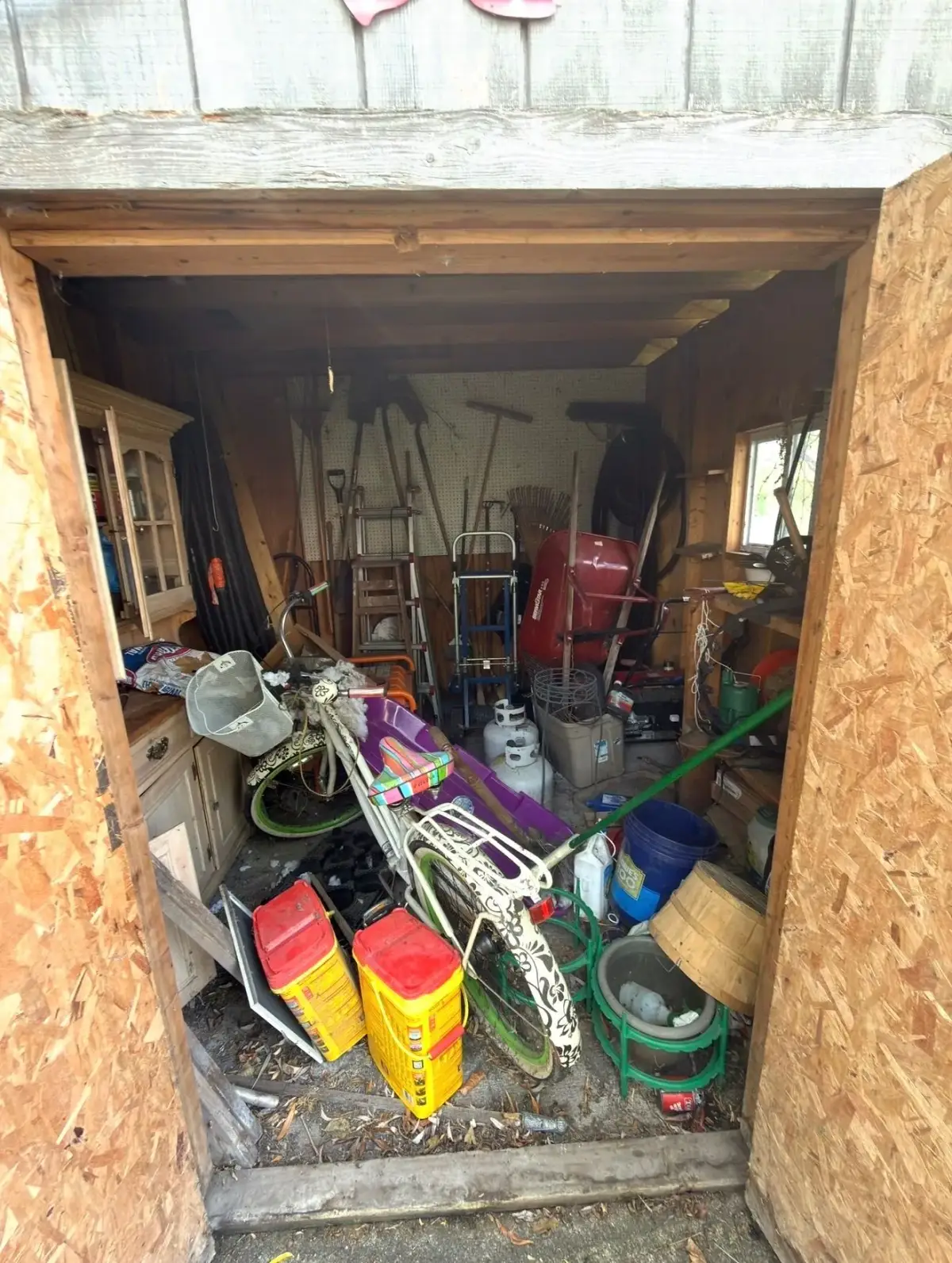 Cluttered shed interior before cleanout and reorganization in Grosse Pointe Woods Michigan